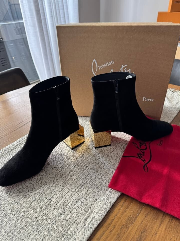 CHRISTIAN LOUBOUTIN Black Suede Gold Block Heels Ankle Boots - size 36 - AU 5.5