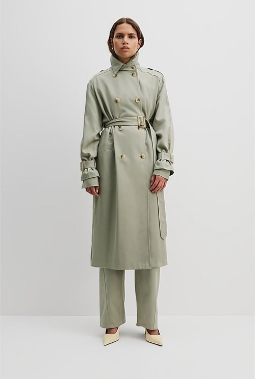 COUNTRY ROAD Longline Trench Coat - Dark Pistachio - size L - XL - RRP $399.00