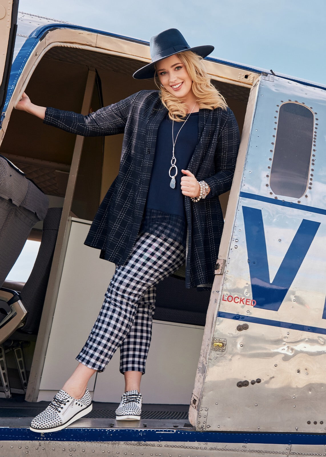 TAKING SHAPE Natural Blue Check Pants - sizes 18 / 20 / 22  - RRP $139.95