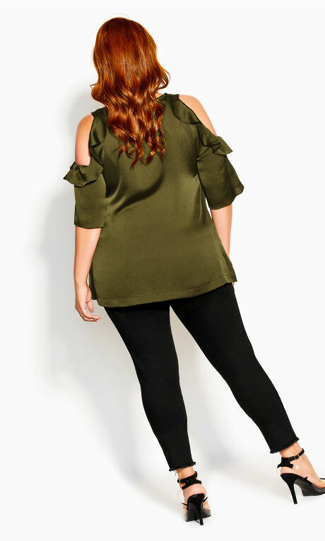 CITY CHIC Satin Frill Cold Shoulder Top -Military -sizes M, L & XL -RRP $79.95