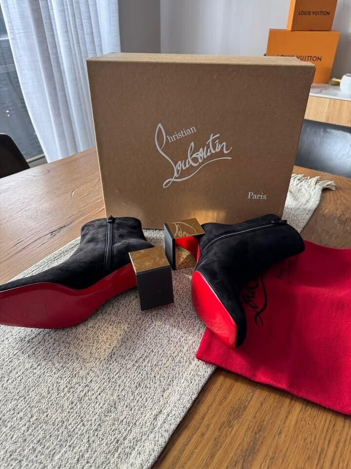 CHRISTIAN LOUBOUTIN Black Suede Gold Block Heels Ankle Boots - size 36 - AU 5.5