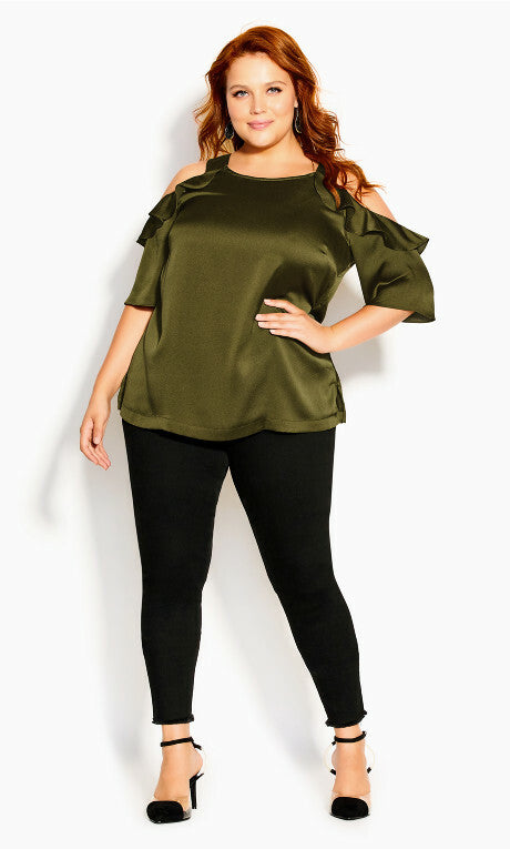 CITY CHIC Satin Frill Cold Shoulder Top -Military -sizes M, L & XL -RRP $79.95