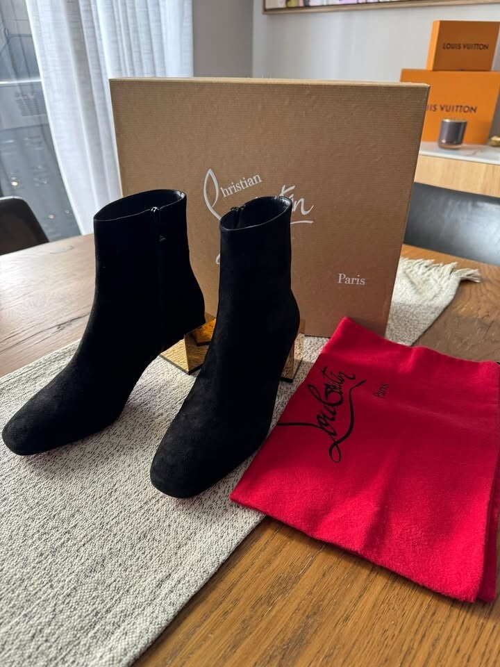 CHRISTIAN LOUBOUTIN Black Suede Gold Block Heels Ankle Boots - size 36 - AU 5.5